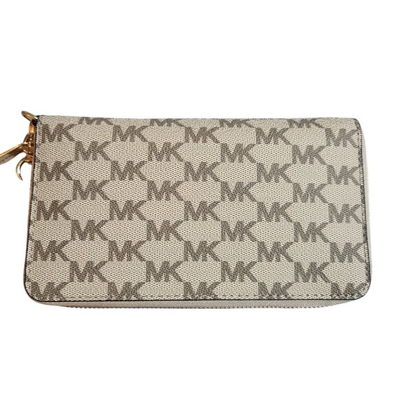 Michael Kors Logo Zip-Around Wristlet Wallet Beige/Brown Leather & Canvas - Picture 5 of 12